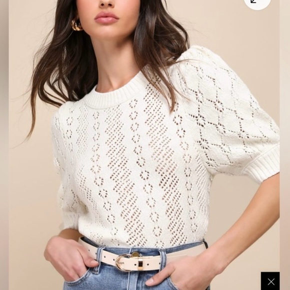 Free People Sweaters - Free People Eloise Ivory Pointelle Puff Sleeve Sweater Top NWT Size Extra Small